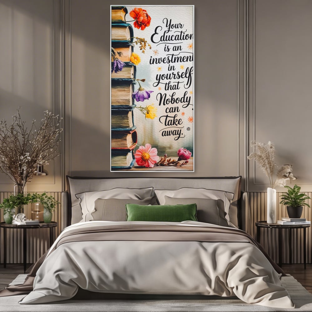 Tablou canvas cu tablou motivational cu teanc de carti si flori, in rama de aluminiu argintiu, pe perete intr-un dormitor